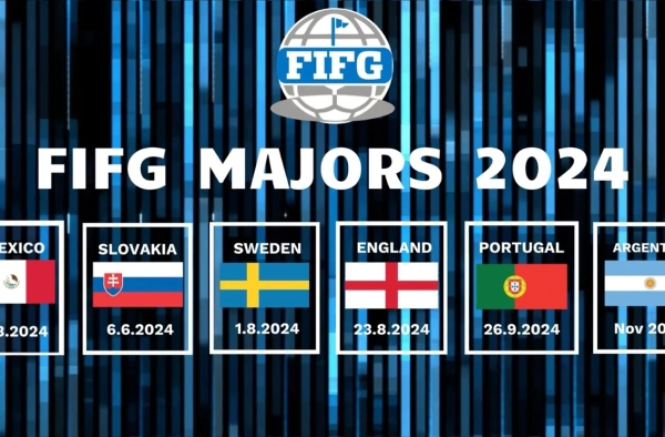 Schedule for the 2024 FIFG FootGolf Majors, listing dates and countries (Mexico, Slovakia, Sweden, England, Portugal, Argentina).