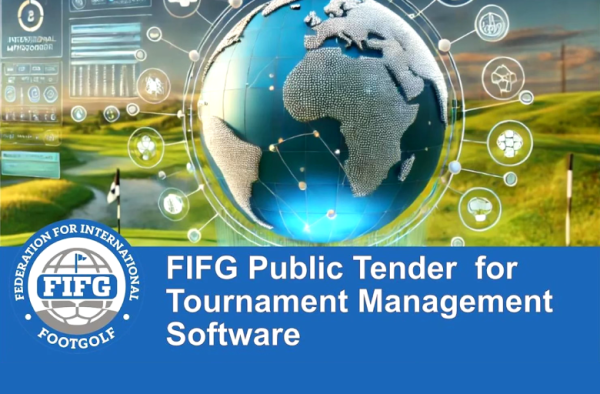 Graphic for FIFG Public Tender for Tournament Management Software, featuring a globe and icons.