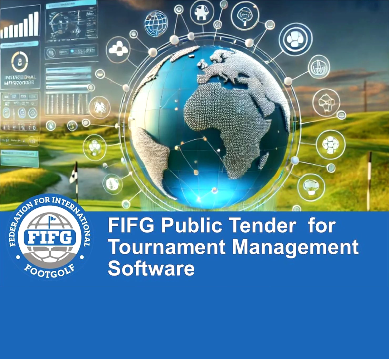 Graphic for FIFG Public Tender for Tournament Management Software, featuring a globe and icons.
