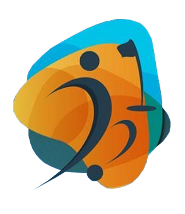 Abstract logo with figure and golf icon.