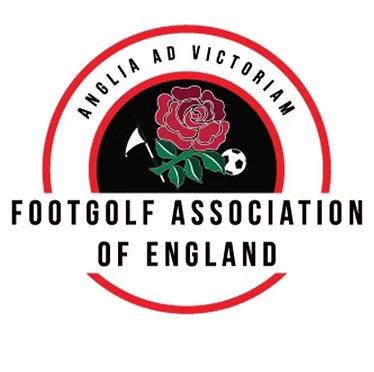 A red rose in a circle. FootGolf Association of England red, green and black logo.