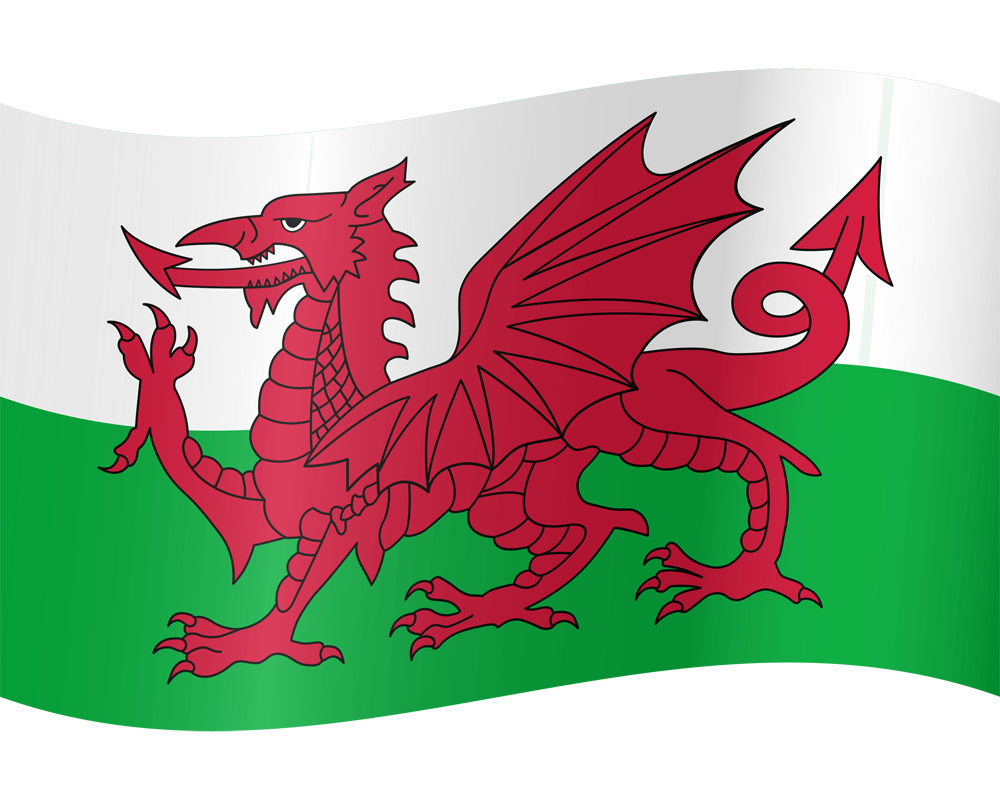 Image of the Waving flag of Wales with the red dragon symbol.